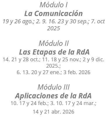 Módulo I La Comunicación 19 y 26 ago.; 2. 9. 16. 23 y 30 sep.; 7. oct 2025 Módulo II Las Etapas de la RdA 14. 21 y 28 oct.; 11. 18 y 25 nov.; 2 y 9 dic. 2025.;  6. 13. 20 y 27 ene.; 3 feb. 2026 Módulo III Aplicaciones de la RdA 10. 17 y 24 feb.; 3. 10. 17 y 24 mar.; 14 y 21 abr. 2026 